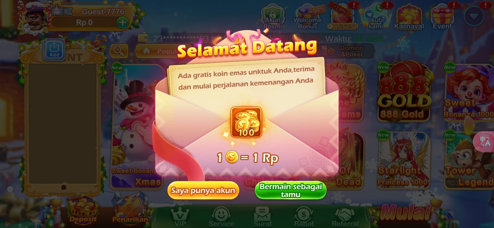 Tampilan login LK777 dengan pilihan bermain sebagai tamu atau menggunakan akun.