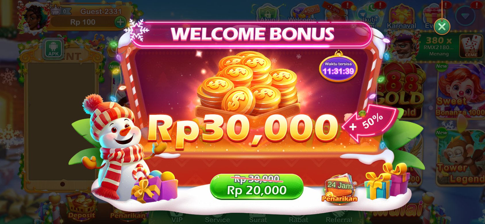 Bonus selamat datang hingga Rp30,000 di LK777 dengan promosi tambahan.